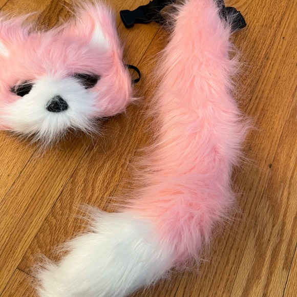 Pink and White Furry Fox Mask and Tail Set - Picture 3 of 3